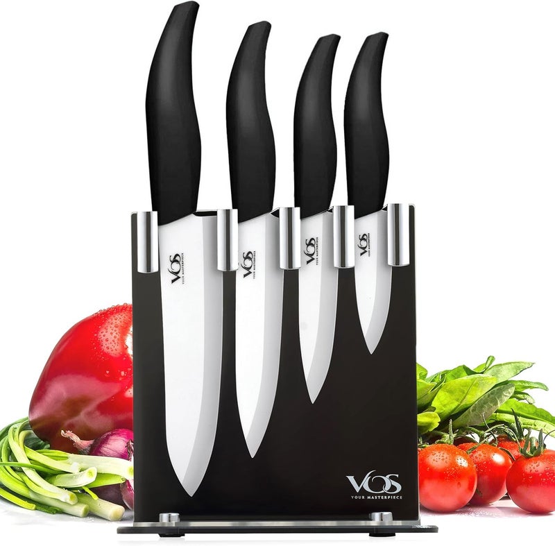 Vos Ceramic Knife Set with Block, Ceramic Knives Set For Kitchen, Ultra Sharp Kitchen Knife Set with Covers, 3" 4" 5" 6" Chef Knife, Utility, Paring & Versatile, Lightweight, Dishwasher safe (Black) - Image 1